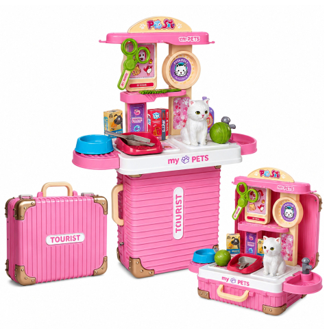 Set Veterinar LEAN Toys in Troler, Kit Ingrijire Pisicuta cu Accesorii Medicale, Roz, 3 ani+ [3]