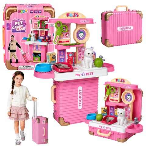 Jucarii - Set Veterinar LEAN Toys in Troler, Kit Ingrijire Pisicuta cu Accesorii Medicale, Roz, 3 ani+