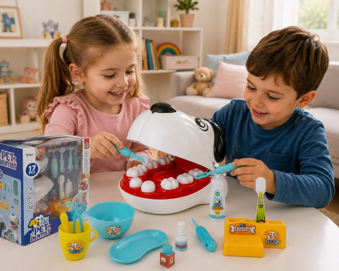 Set de mic dentist LEAN Toys cu catel, dinti detasabili, instrumente stomatologice si oglinda cu lumina, 3 ani+ [1]