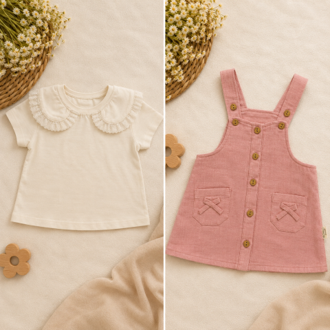 Set din 2 piese pentru fetite Bomlo - tricou alb si rochita roz [3]