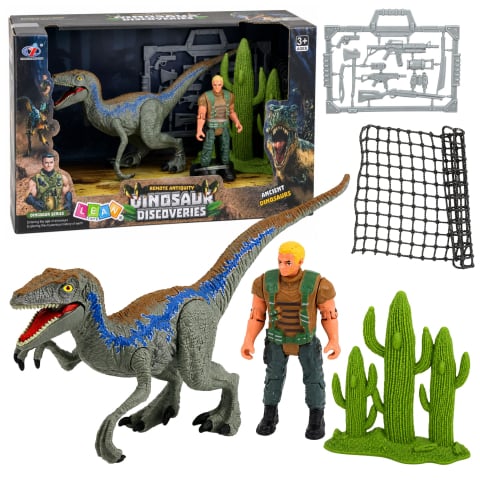 Jucarii - Set dinozaur LEAN Toys cu figurina de vanator, membre mobile, plasa si accesorii 3 ani+