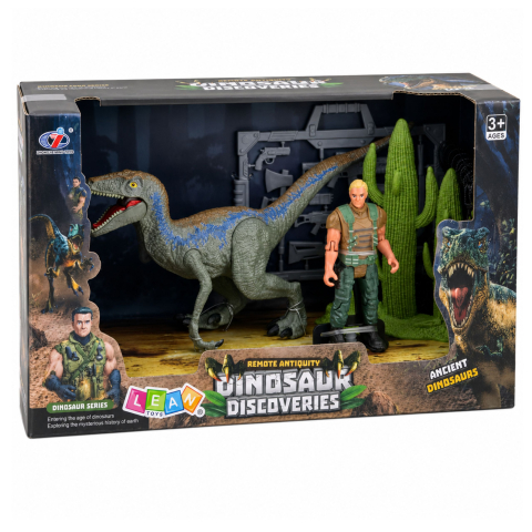 Set dinozaur LEAN Toys cu figurina de vanator, membre mobile, plasa si accesorii 3 ani+ [5]