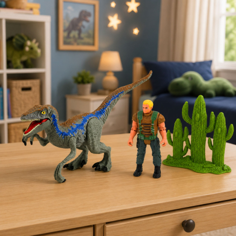 Set dinozaur LEAN Toys cu figurina de vanator, membre mobile, plasa si accesorii 3 ani+ [3]