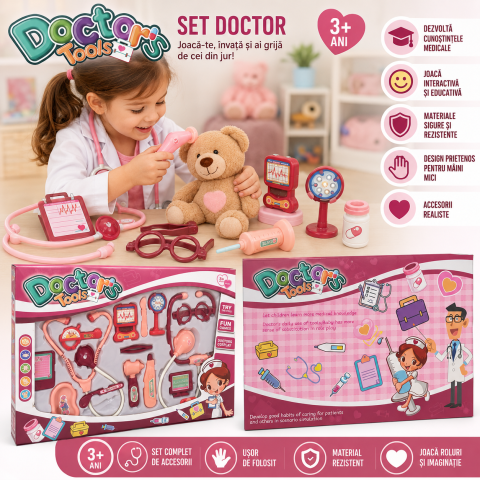 Seturi de doctor - Set doctor copii cu accesorii medicale, stetoscop si ochelari roz 3+ ani