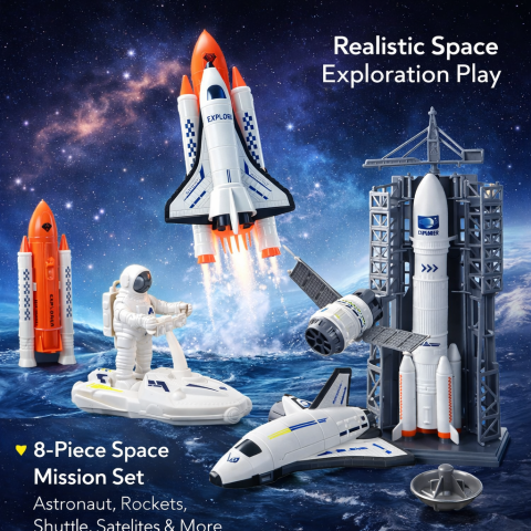 Blocuri de constructie - set-spatial-space-mission-racheta-cosmonaut-vehicul-8piese-3ani-Bebelul