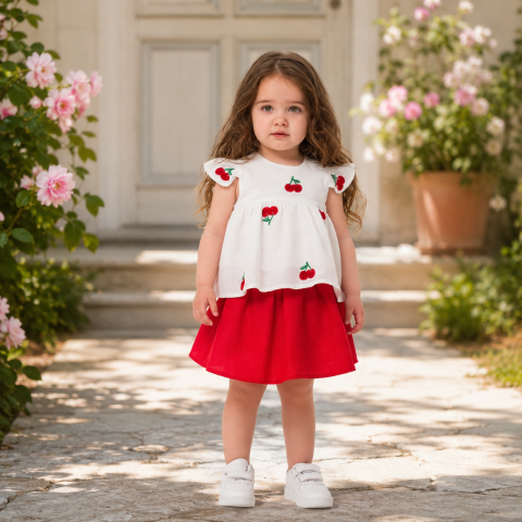 Set elegant 2 piese fetite cu tunica vaporoasa si fusta rosie [2]