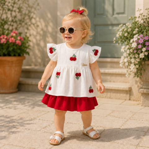 Set elegant 2 piese fetite cu tunica vaporoasa si fusta rosie [3]