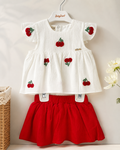 Imbracaminte - Set vara pentru fetite Babypam cu tunica alba, fusta rosie si aplicatii cu cirese, 6-24 luni