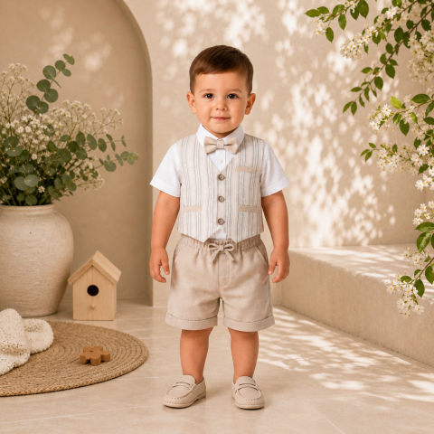Set 4 piese camasa papion vesta si pantaloni - Set elegant baieti camasa vesta papion si pantaloni scurti concept