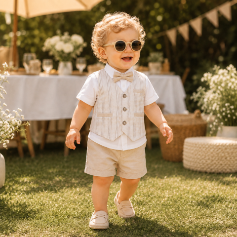 Seturi copii si bebelusi - Set elegant baieti camasa vesta papion si pantaloni scurti concept