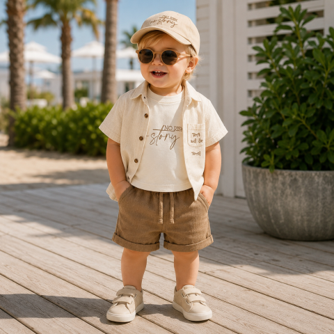 Set 3 piese camasa tricou si pantaloni - Set elegant baieti Concept cu camasa bej, tricou alb si bermude maro