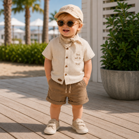 Set elegant baieti Concept cu camasa bej, tricou alb si bermude maro [2]