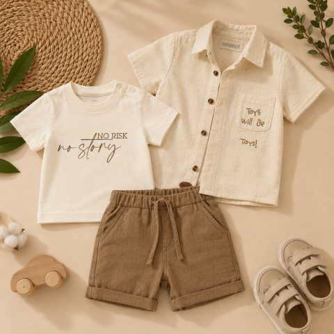 Set elegant baieti Concept cu camasa bej, tricou alb si bermude maro [1]