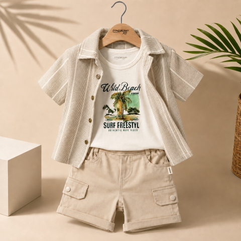 Set 3 piese camasa tricou si pantaloni - Set elegant baieti Confort Baby camasa cu maiou si bermude crem