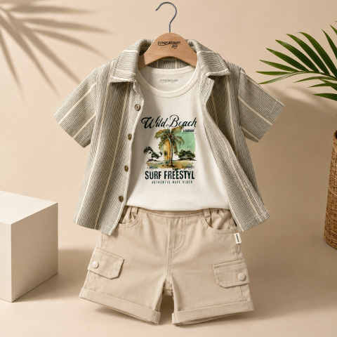 Set elegant baieti Confort Baby camasa verde cu maiou si bermude crem [1]