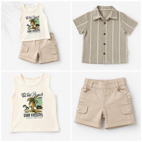 Set elegant baieti Confort Baby camasa verde cu maiou si bermude crem [2]