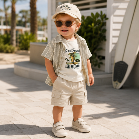 Set 3 piese camasa tricou si pantaloni - Set elegant baieti Confort Baby camasa verde cu maiou si bermude crem