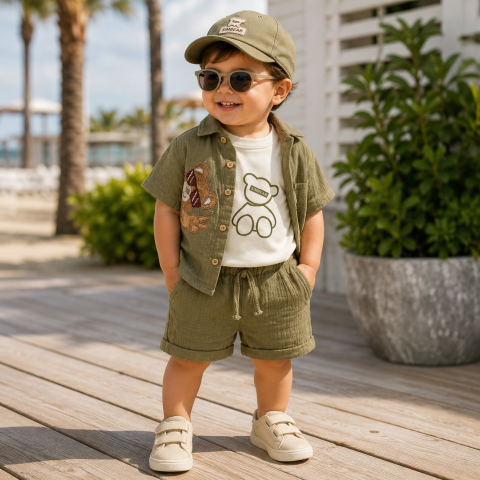 Imbracaminte - Set elegant baieti Confort Baby cu camasa verde, tricou si bermude