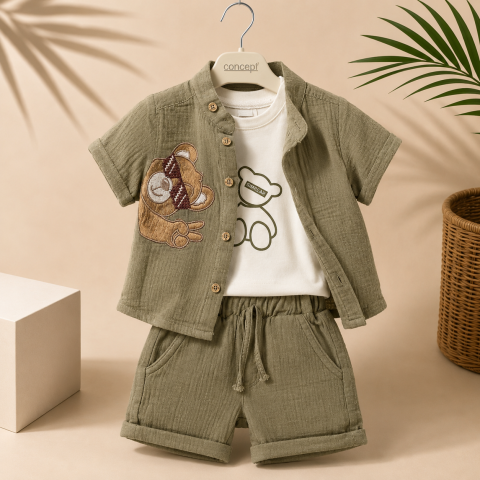 Set elegant baieti Confort Baby cu camasa verde, tricou si bermude [1]
