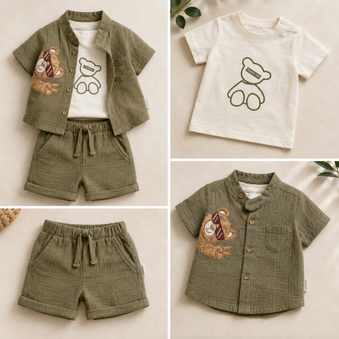 Set elegant baieti Confort Baby cu camasa verde, tricou si bermude [2]