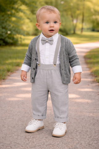 Seturi nou nascuti (0-3 luni) - Set elegant baieti body camasa papion bluza si pantaloni gri Concept