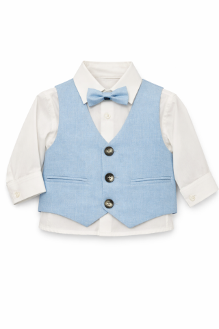 Set elegant baieti cu vesta camasa papion si pantaloni albastri [1]