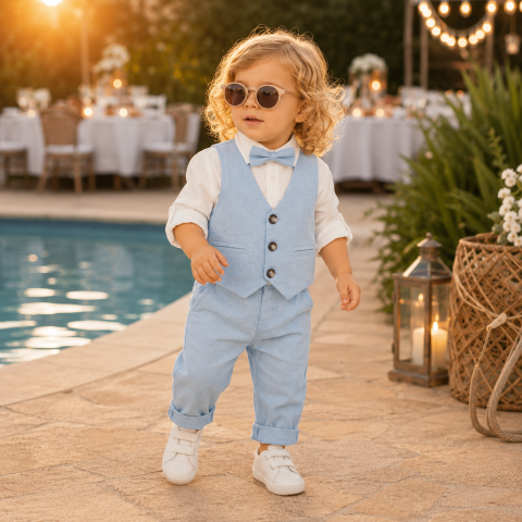 Costumase - Set elegant baieti cu vesta camasa papion si pantaloni albastri