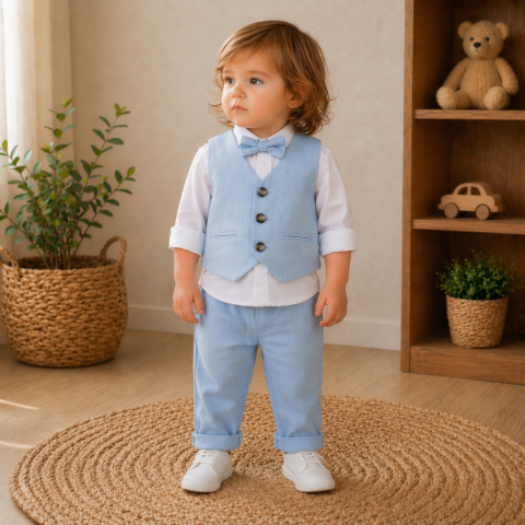 Costumase baieti - Set elegant baieti cu vesta camasa papion si pantaloni albastri