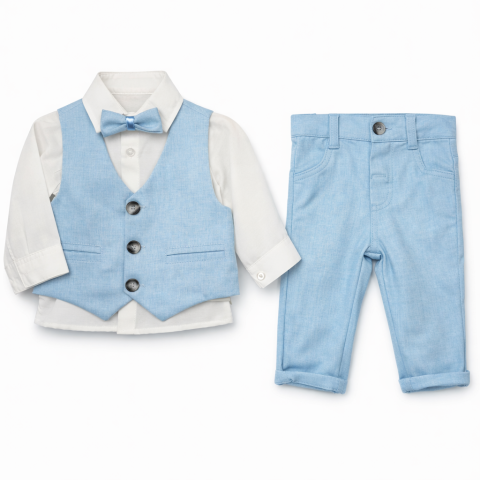 Costumase baieti - Set elegant baieti cu vesta camasa papion si pantaloni albastri