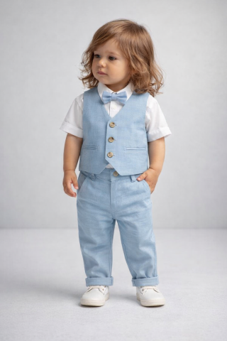 Set elegant baieti cu vesta camasa papion si pantaloni albastri [4]