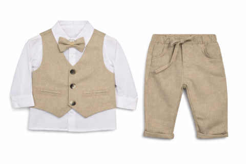 Costumase baieti - Set elegant baieti cu vesta camasa papion si pantaloni bej
