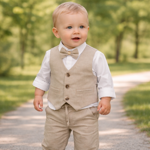 Set elegant baieti cu vesta camasa papion si pantaloni bej [1]