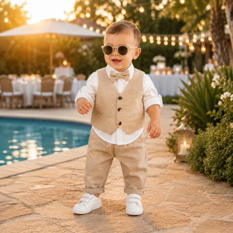 Costumase - Set elegant baieti cu vesta camasa papion si pantaloni bej