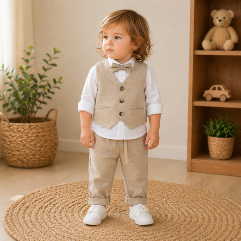 Costumase baieti - Set elegant baieti cu vesta camasa papion si pantaloni bej