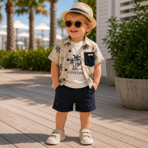 Set 3 piese camasa tricou si pantaloni - Set elegant baieti Junior cu camasa imprimeu palmieri, tricou si bermude
