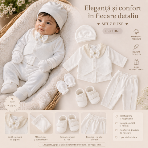 Set elegant bebe baieti 7 piese cu papion vesta pantaloni manusi si botosi alb 0-3 luni [1]