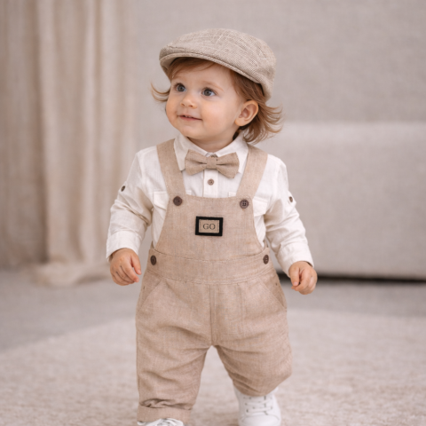 Salopete baieti - Set elegant bebe bej cu salopeta camasa papion si palarie