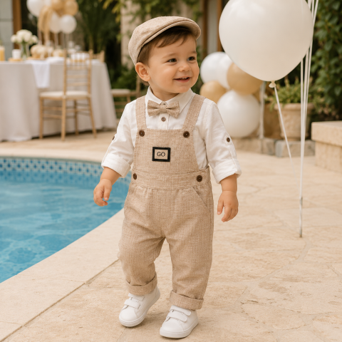 Set elegant bebe bej cu salopeta camasa papion si palarie [1]