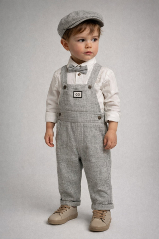 Set elegant bebe gri cu salopeta camasa papion si palarie Oryeda [3]