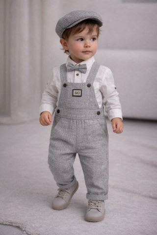 Salopete baieti - Set elegant bebe gri cu salopeta camasa papion si palarie Oryeda
