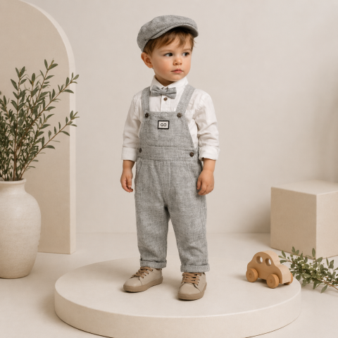 Salopete baieti - Set elegant bebe gri cu salopeta camasa papion si palarie Oryeda