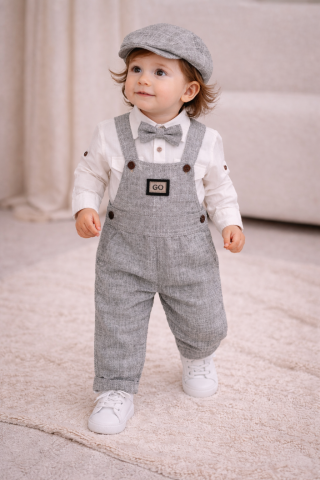 Set elegant bebe gri cu salopeta camasa papion si palarie Oryeda [1]
