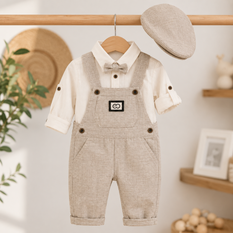 Set elegant bebe gri cu salopeta camasa papion si palarie Oryeda [2]