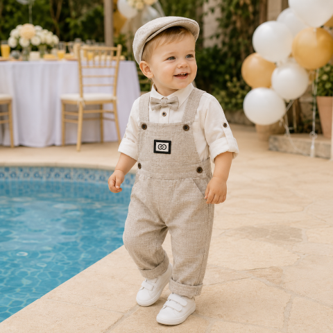Set elegant bebe gri cu salopeta camasa papion si palarie Oryeda