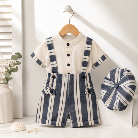 Set elegant copii baieti Junior tricou salopeta scurta si palarie bumbac albastru 6-9-18-24 luni [2]