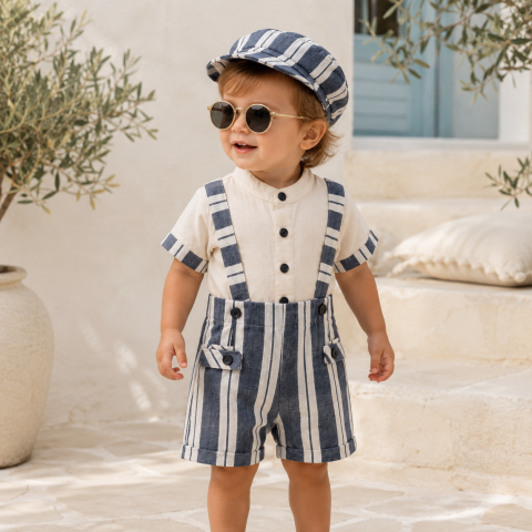 Set 3 piese tricou salopeta pantaloni scurti - Set elegant copii baieti Junior tricou salopeta scurta si palarie bumbac albastru 6-9-18-24 luni