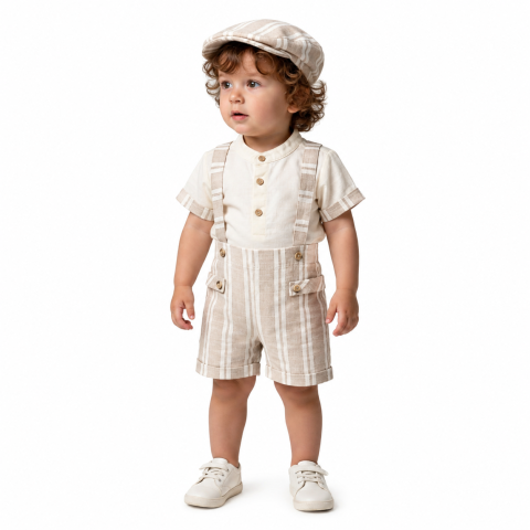 Set 3 piese tricou salopeta pantaloni scurti - Set elegant copii baieti Junior tricou salopeta si palarie bumbac crem 6-24 luni