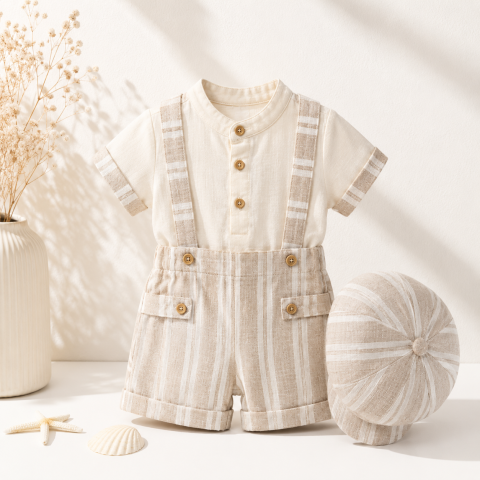 Set elegant copii baieti Junior tricou salopeta si palarie bumbac crem 6-24 luni [1]