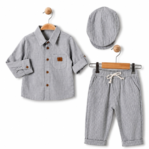 Set elegant copii pentru baieti Oryeda camasa pantaloni si palarie bumbac gri 6-24 luni [2]
