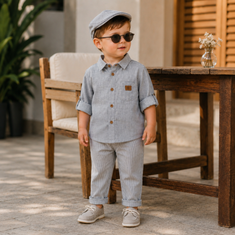 Set 3 piese camasa pantaloni si palarie - Set elegant copii pentru baieti Oryeda camasa pantaloni si palarie bumbac gri 6-24 luni